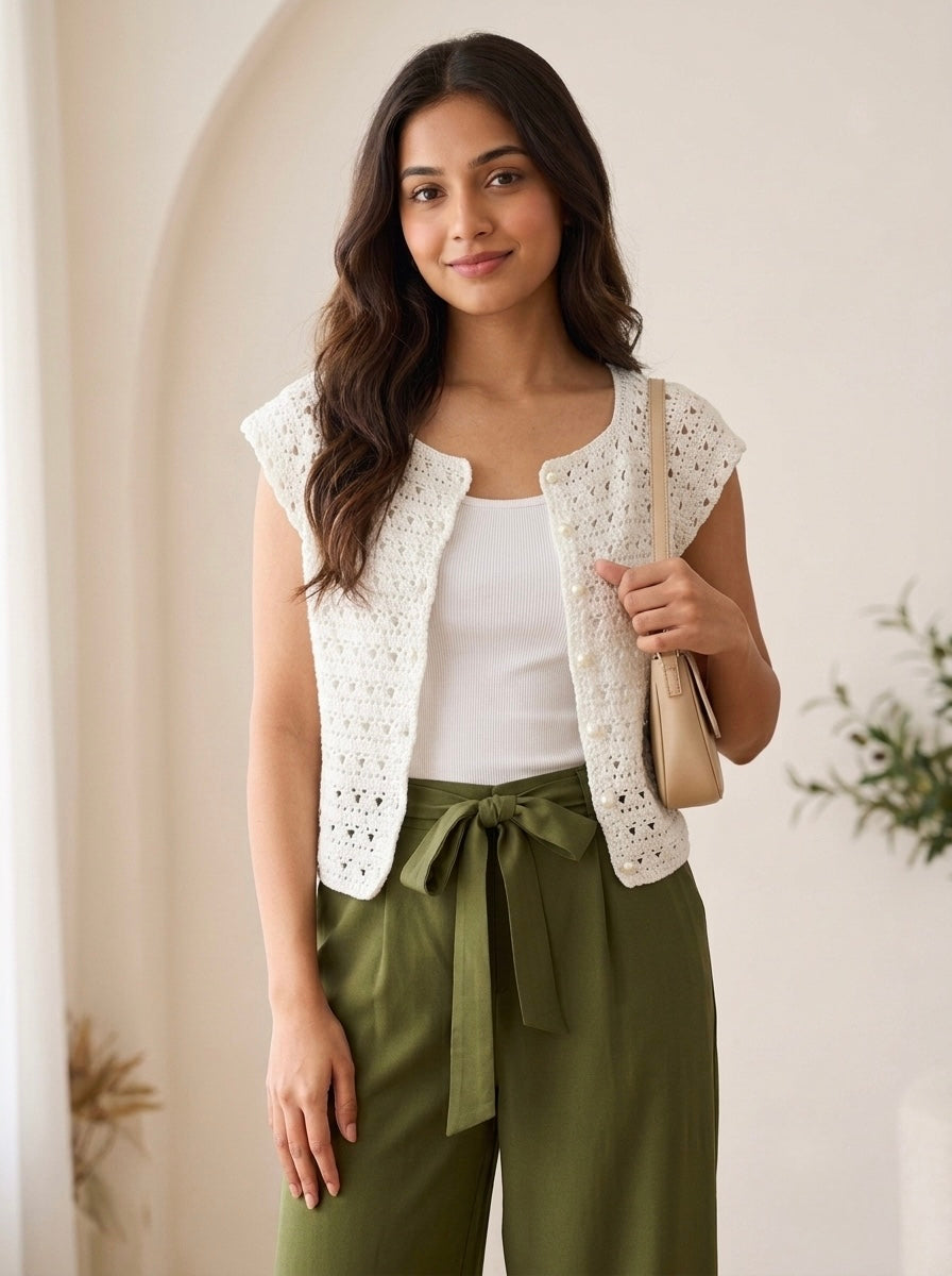 Off-White Textured Crochet Top with Pearl Buttons