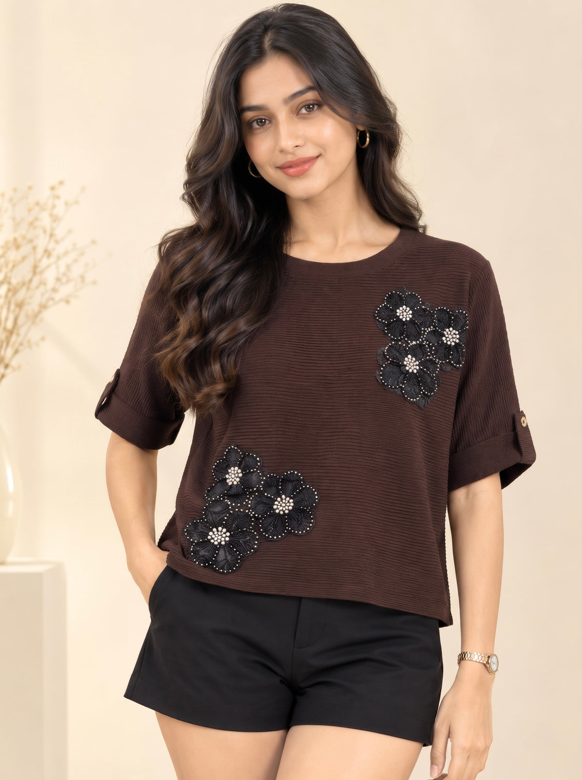 Imported Pearl Floral Applique Ribbed Knit Top