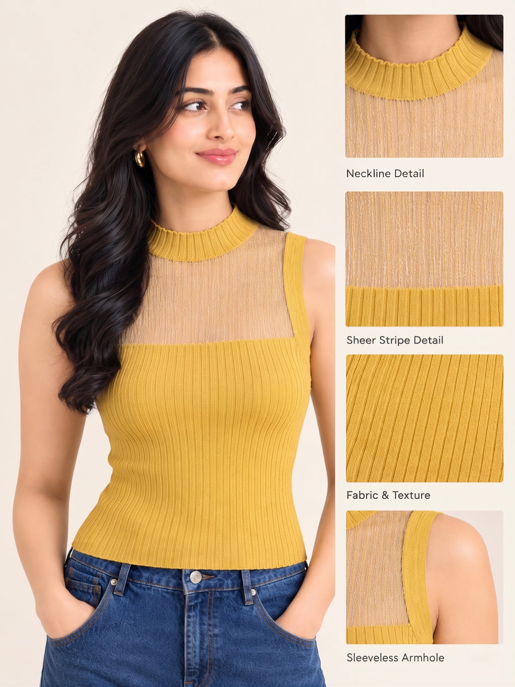 Imported Ribbed High-Neck Sheer Top