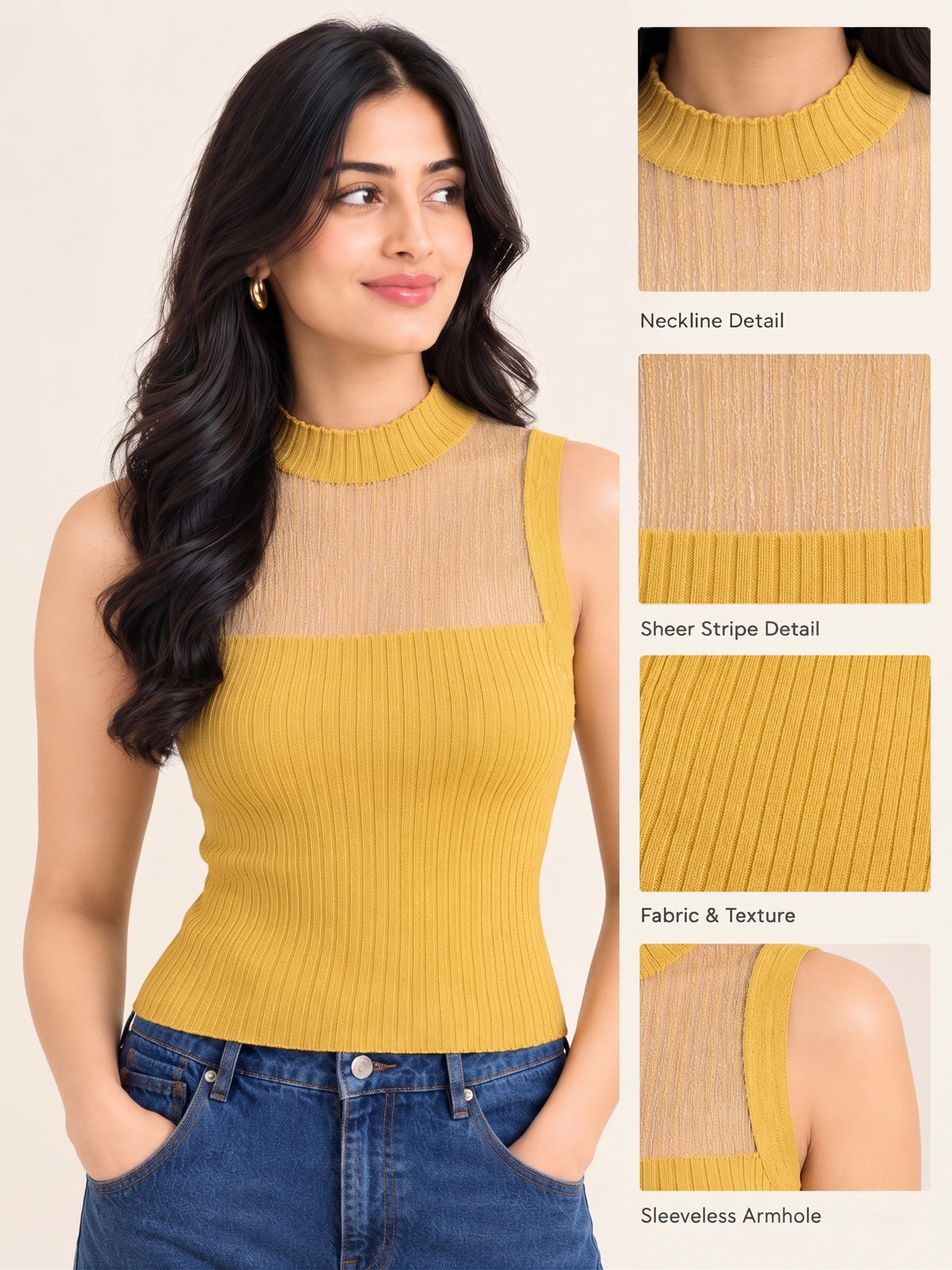 Imported Ribbed High-Neck Sheer Top