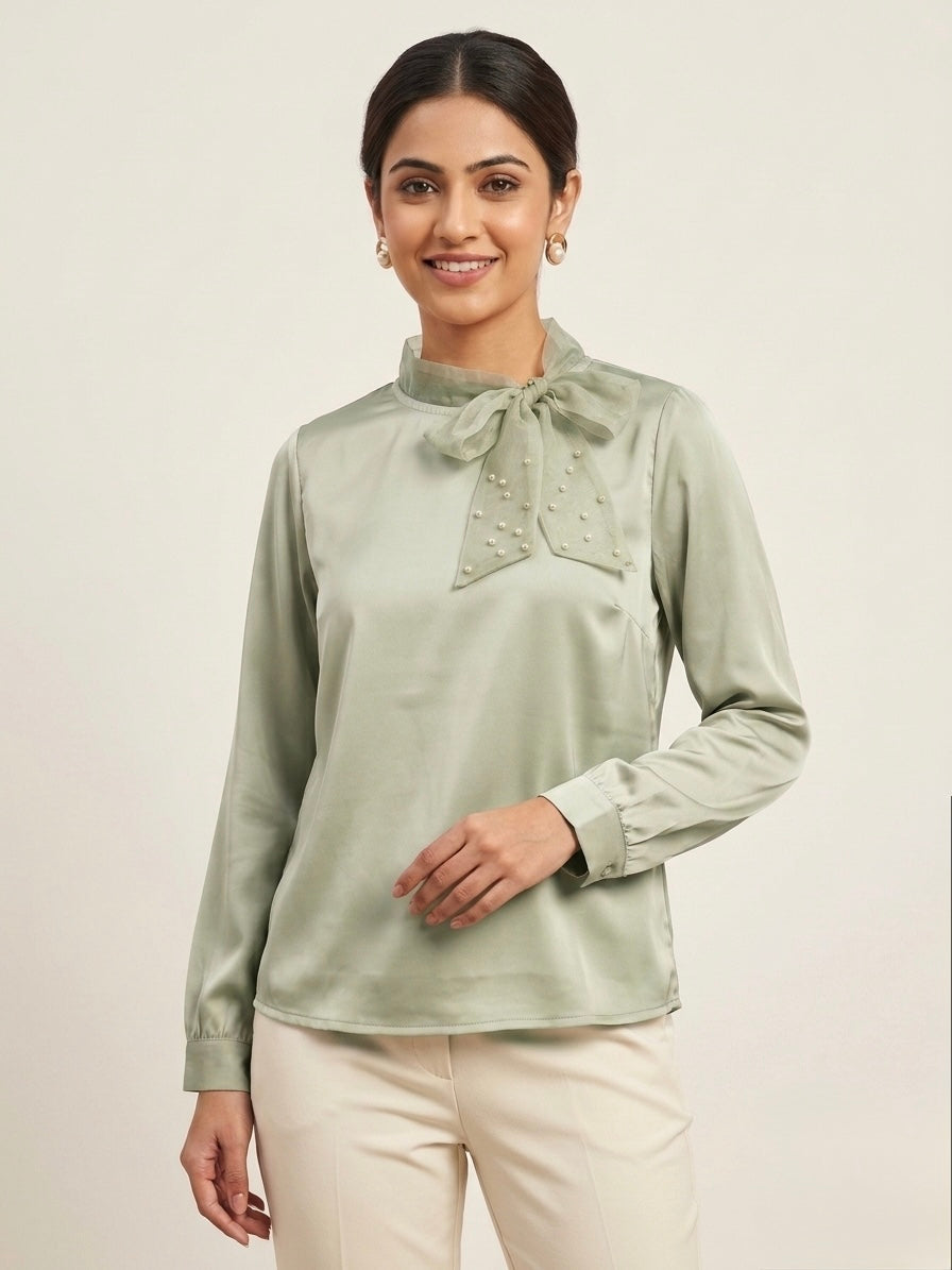 Imported Silk-Satin Tie-Neck with Pearl Detailing
