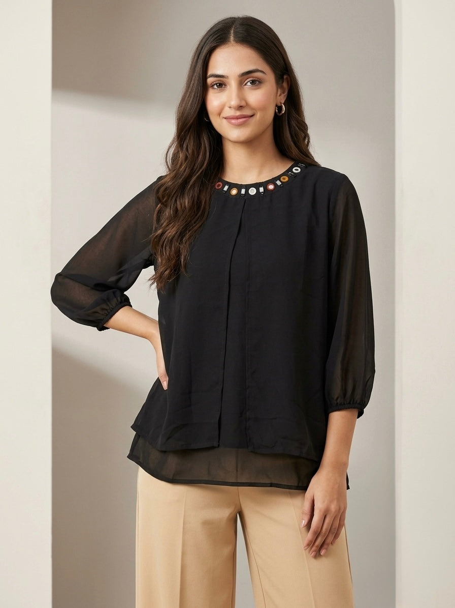 Beaded Neckline Layered Chiffon Top