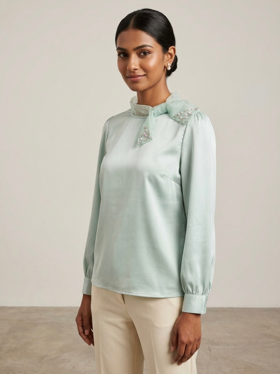 Imported Silk-Satin Tie-Neck with Pearl Detailing