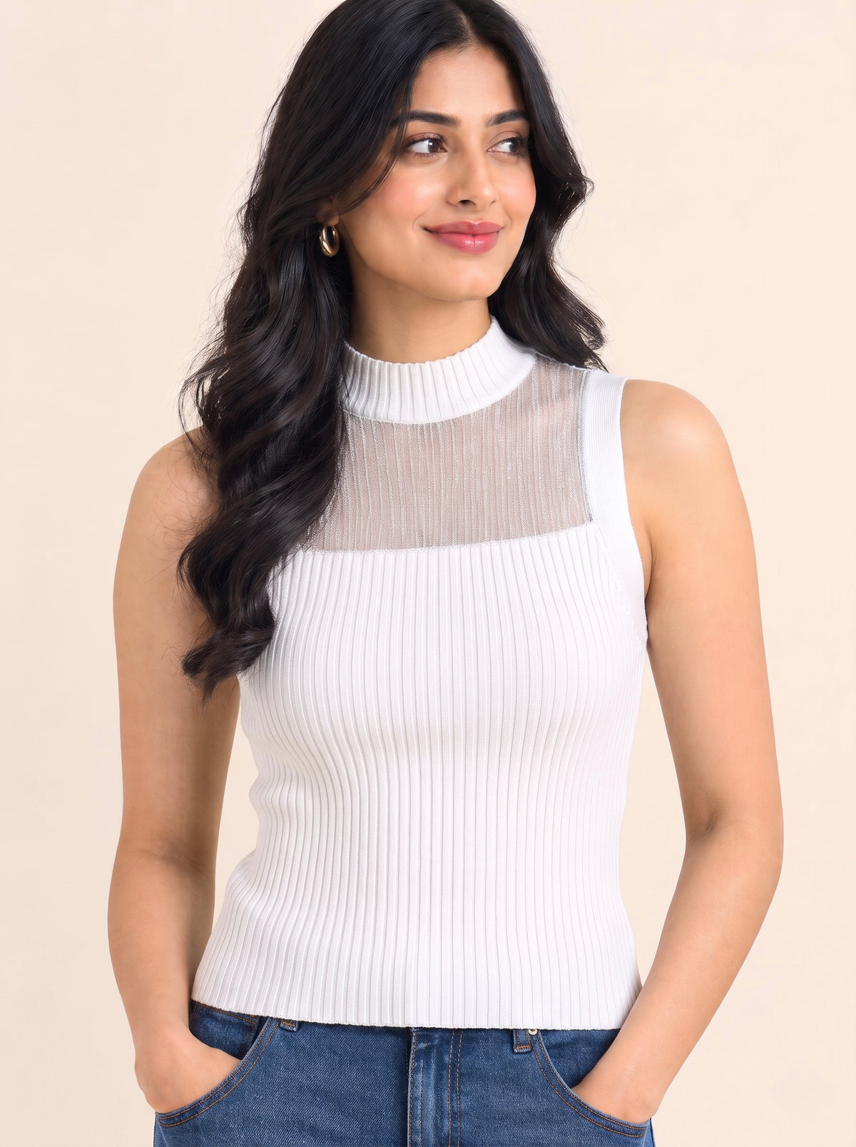 Imported Ribbed High-Neck Sheer Top