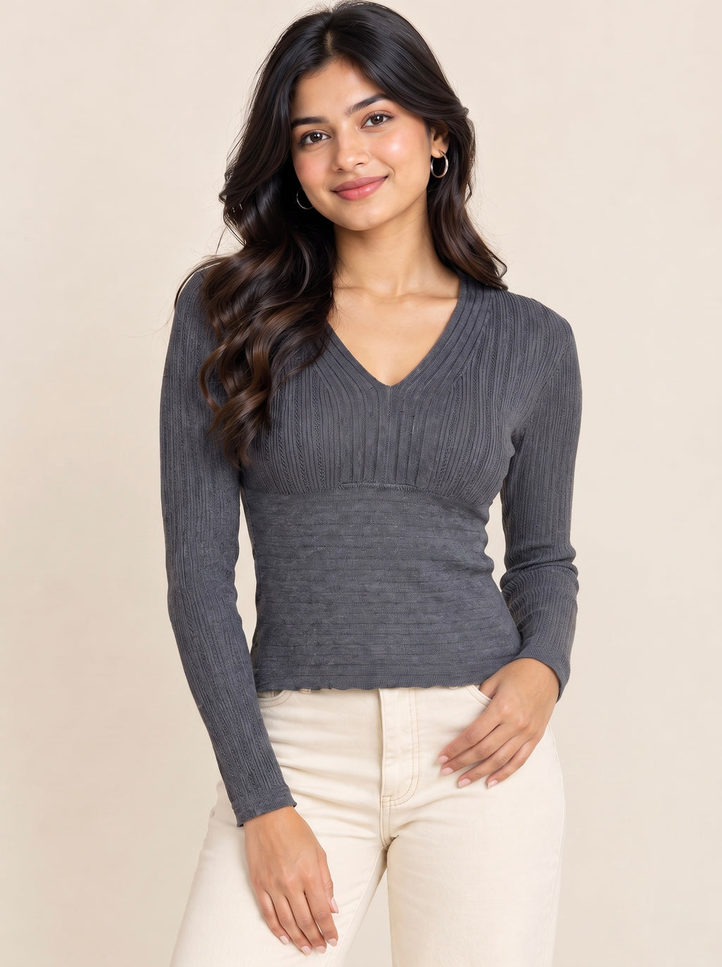 Charcoal Ribbed V-Neck Top