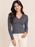 Charcoal Ribbed V-Neck Top