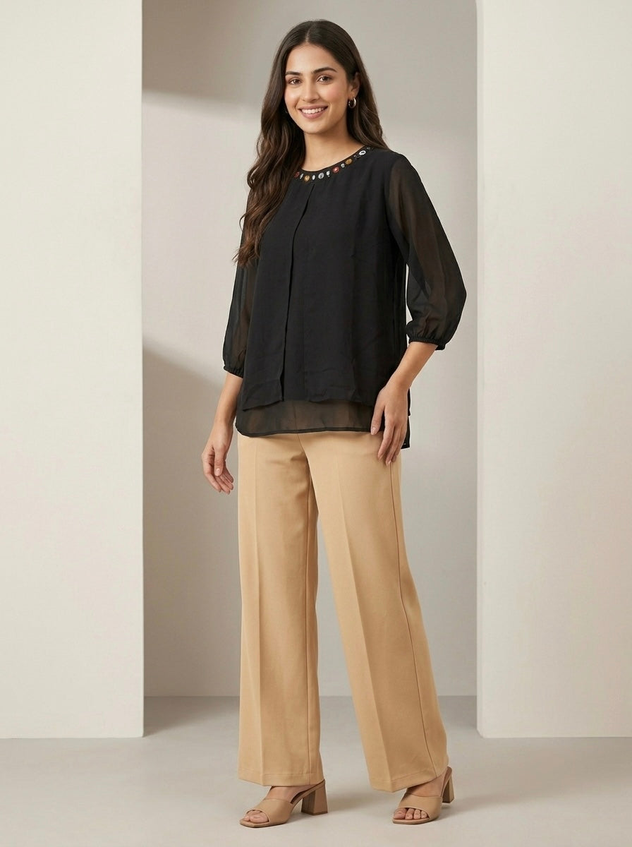 Beaded Neckline Layered Chiffon Top