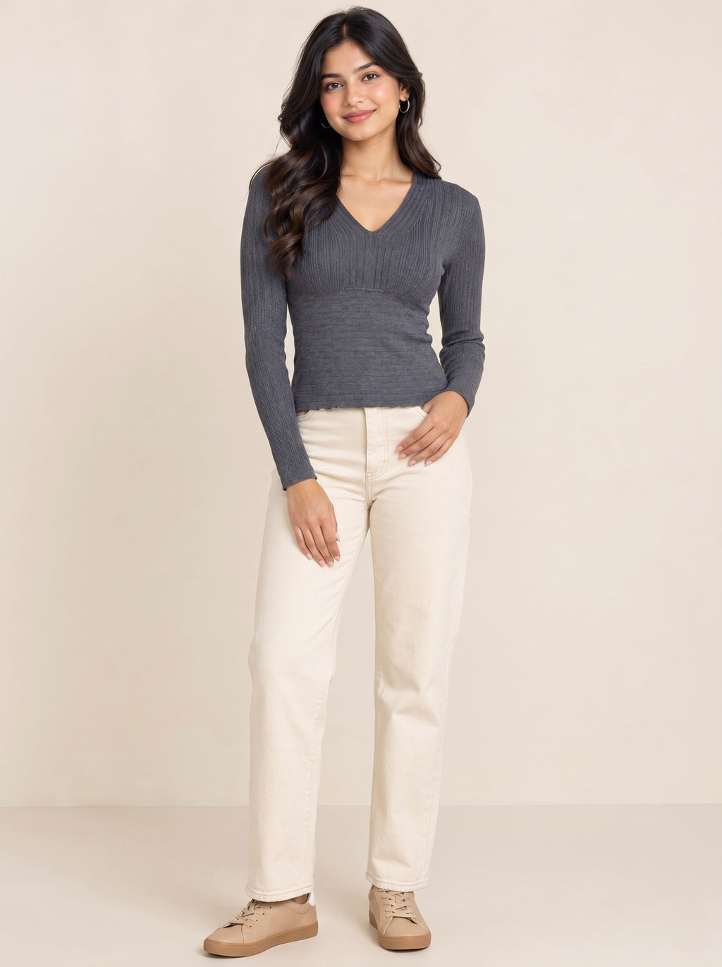 Charcoal Ribbed V-Neck Top