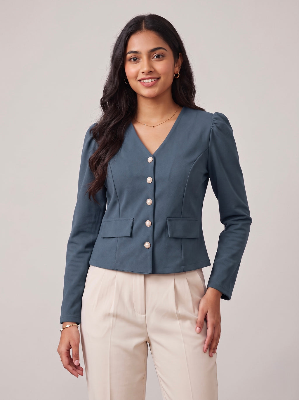 V-Neck Puff-Sleeve Blazer