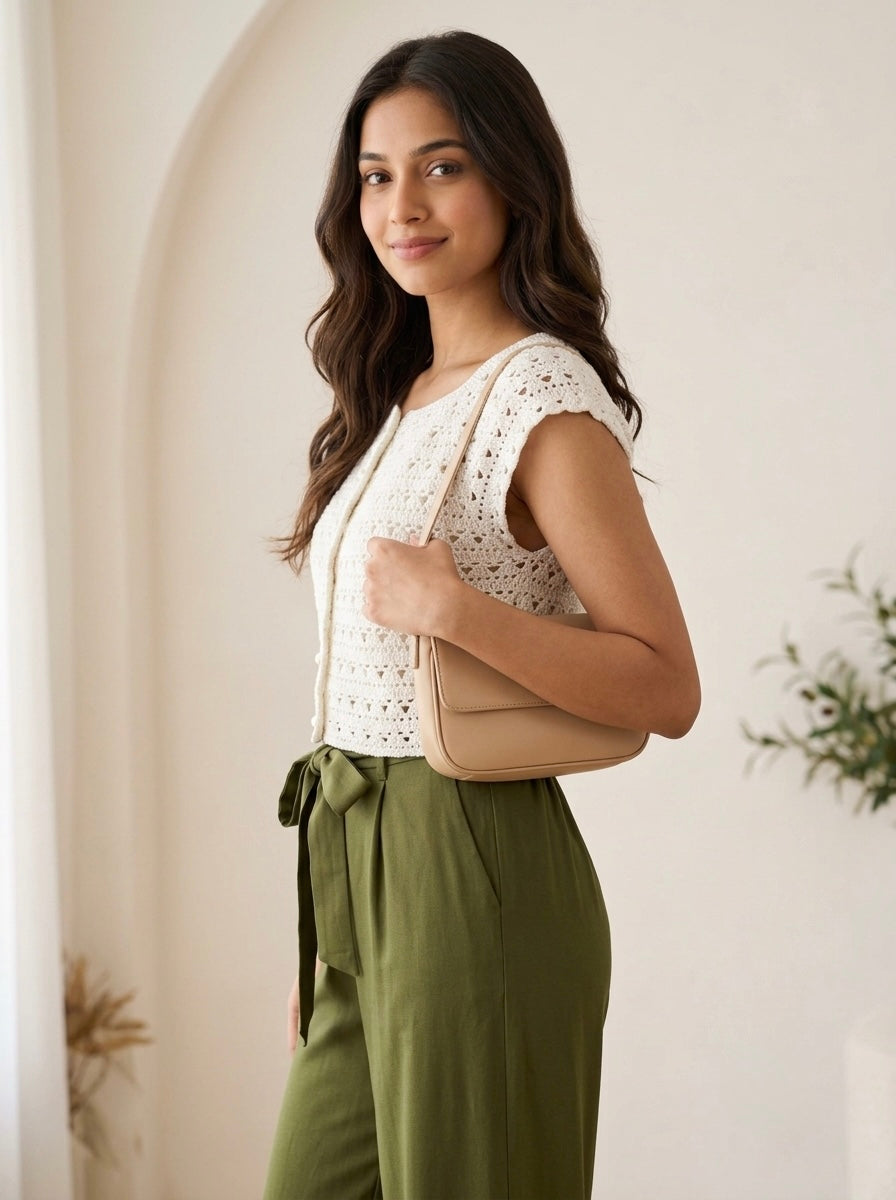 Off-White Textured Crochet Top with Pearl Buttons