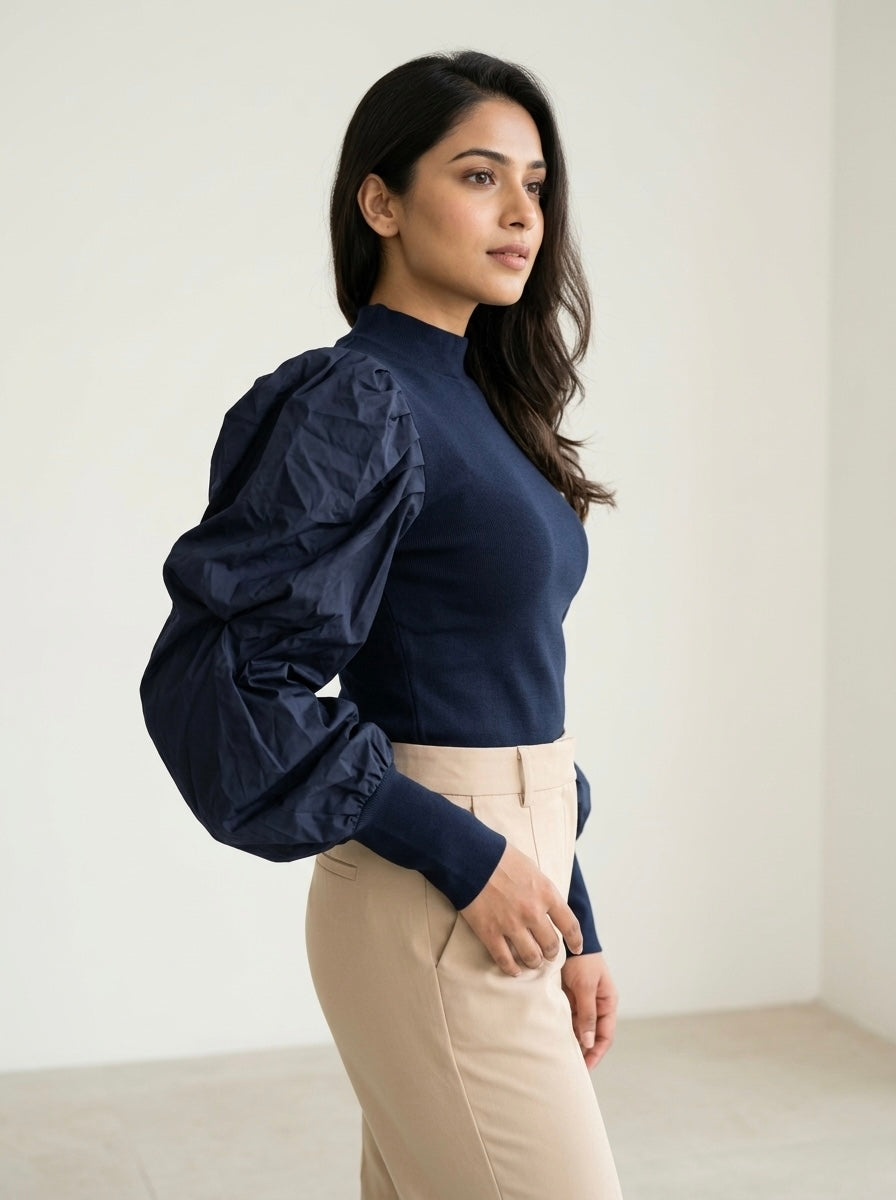 Structured Puff-Sleeve Knit Top in Deep Navy