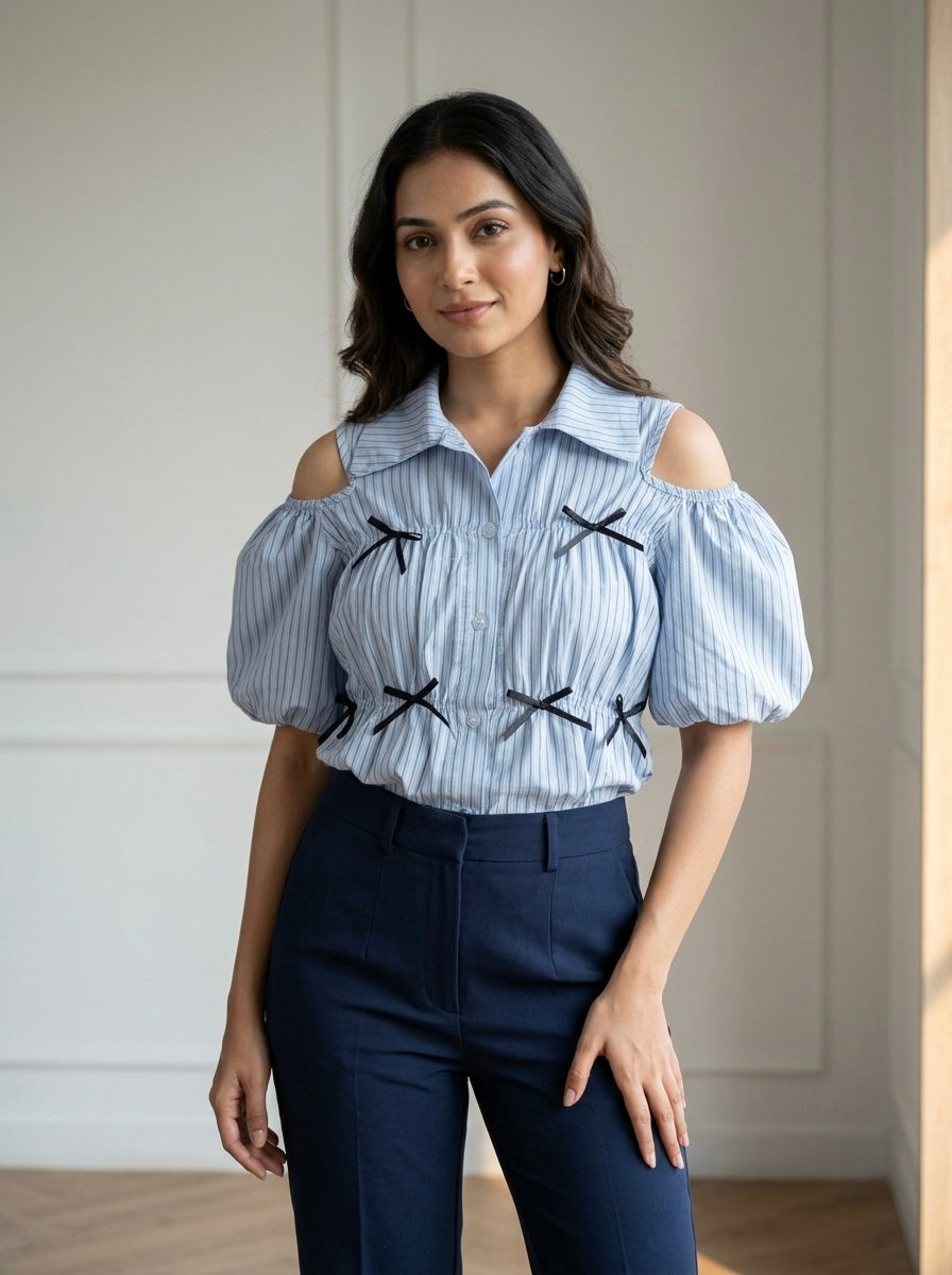 Sky Blue Striped Cold-Shoulder Peplum Top with Bow Details