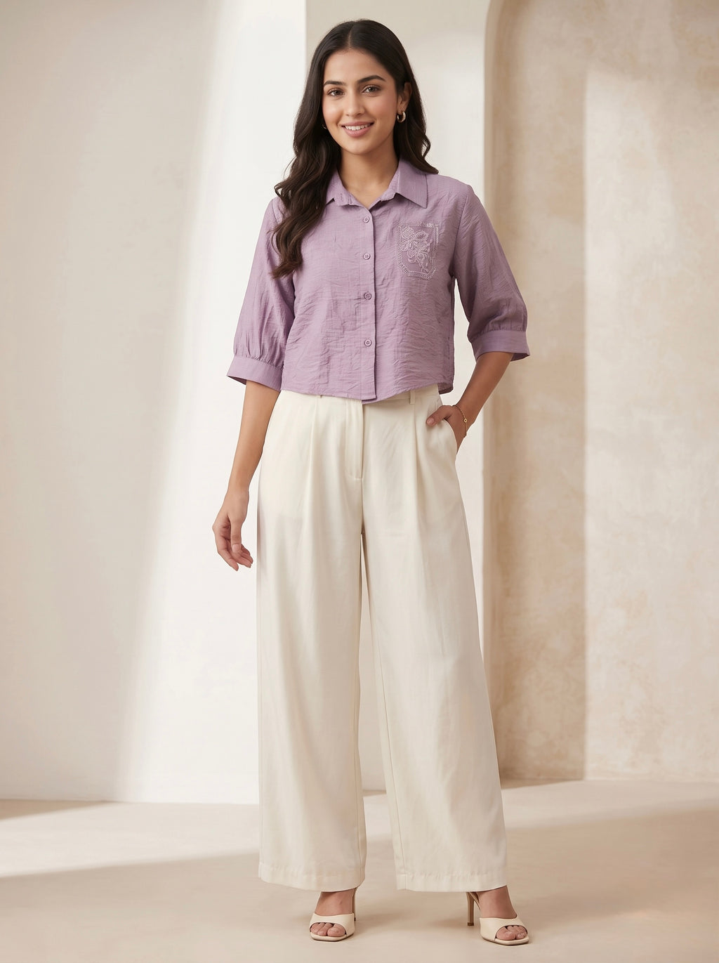 Imported Lavender Embroidered Crop Shirt