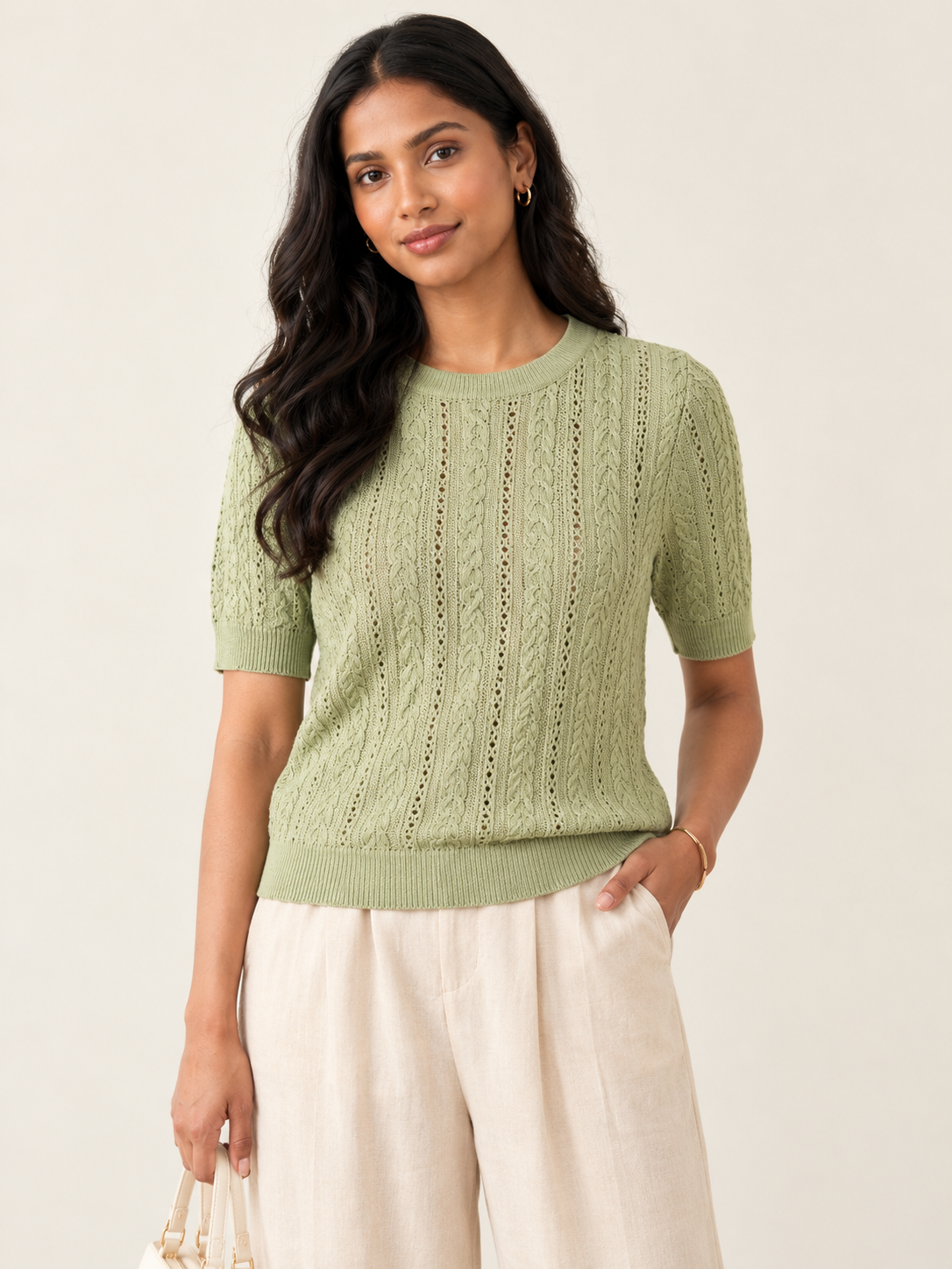 Sage Green Cable Knit Short Sleeve Top