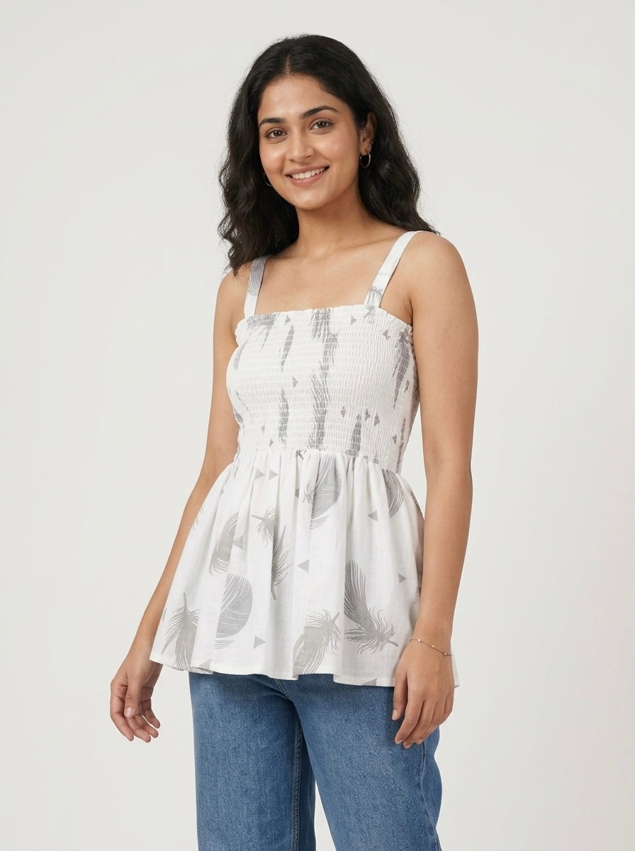 Feather Print Smocked Peplum Top