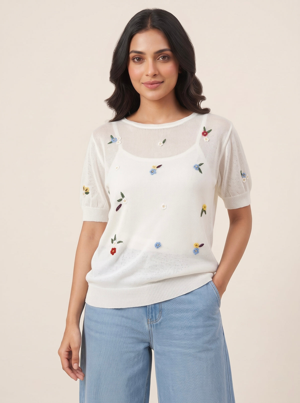 Ditsy Floral Short-Sleeve Knit Top