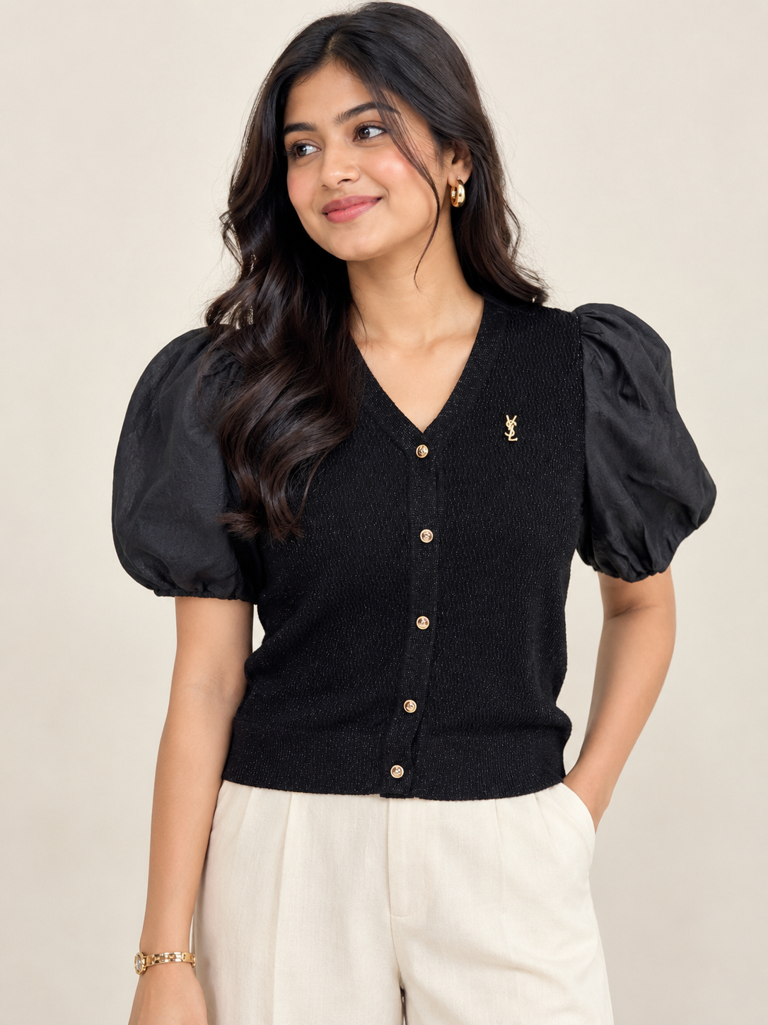 Ribbed Puff-Sleeve Cardigan Top