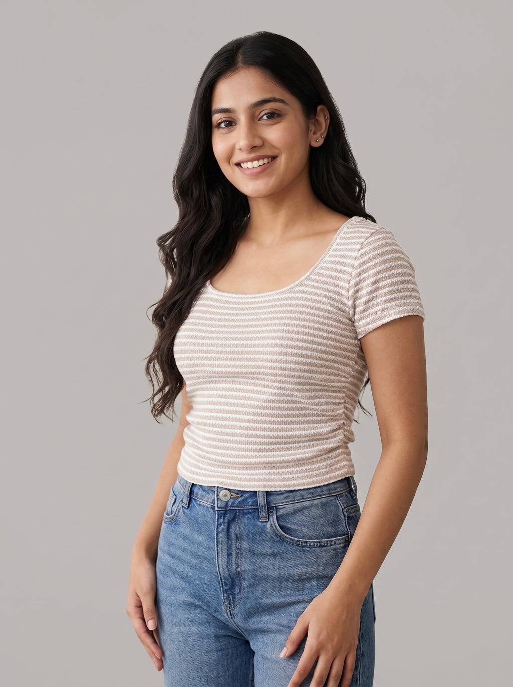 Beige Striped Ribbed Knit Tee