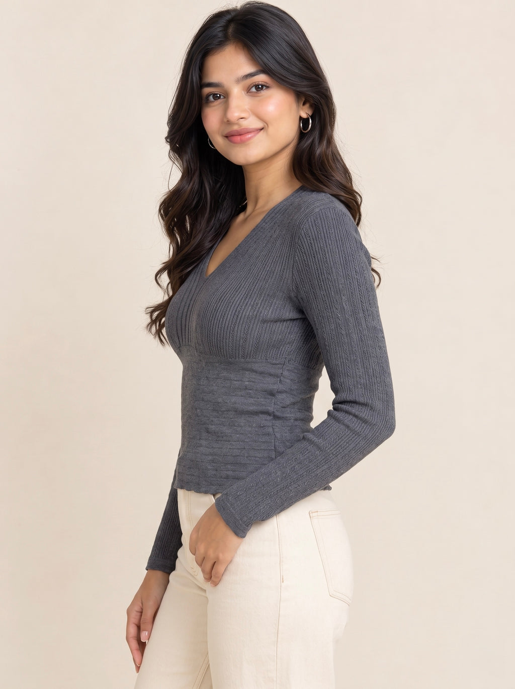 Charcoal Ribbed V-Neck Top
