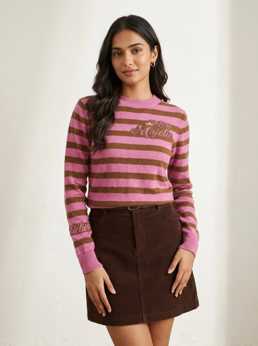 Retro Striped Crewneck Pullover in Berry & Cocoa