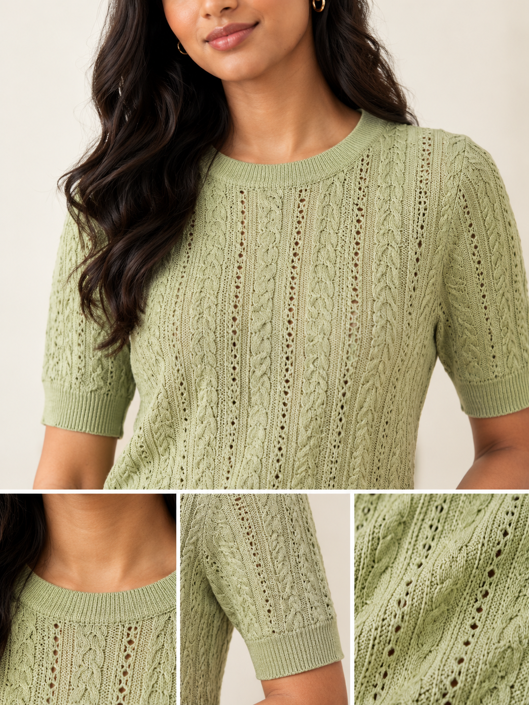 Sage Green Cable Knit Short Sleeve Top