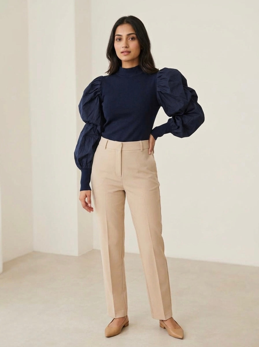 Structured Puff-Sleeve Knit Top in Deep Navy