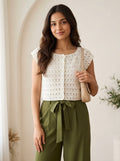 Off-White Textured Crochet Top with Pearl Buttons