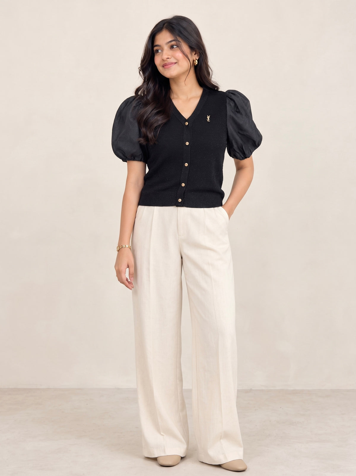 Ribbed Puff-Sleeve Cardigan Top