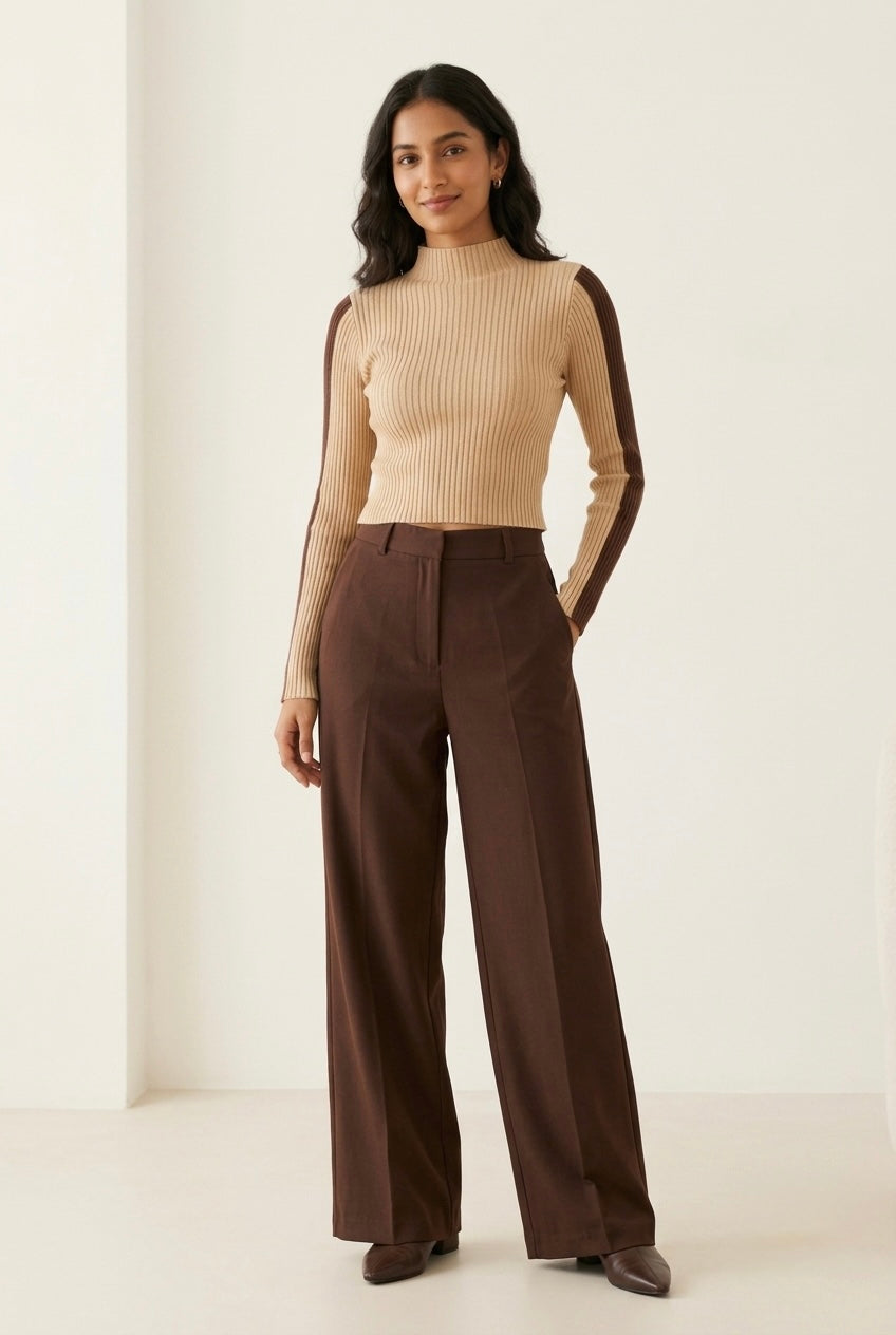 Ribbed Mock Neck Colorblock Knit Top