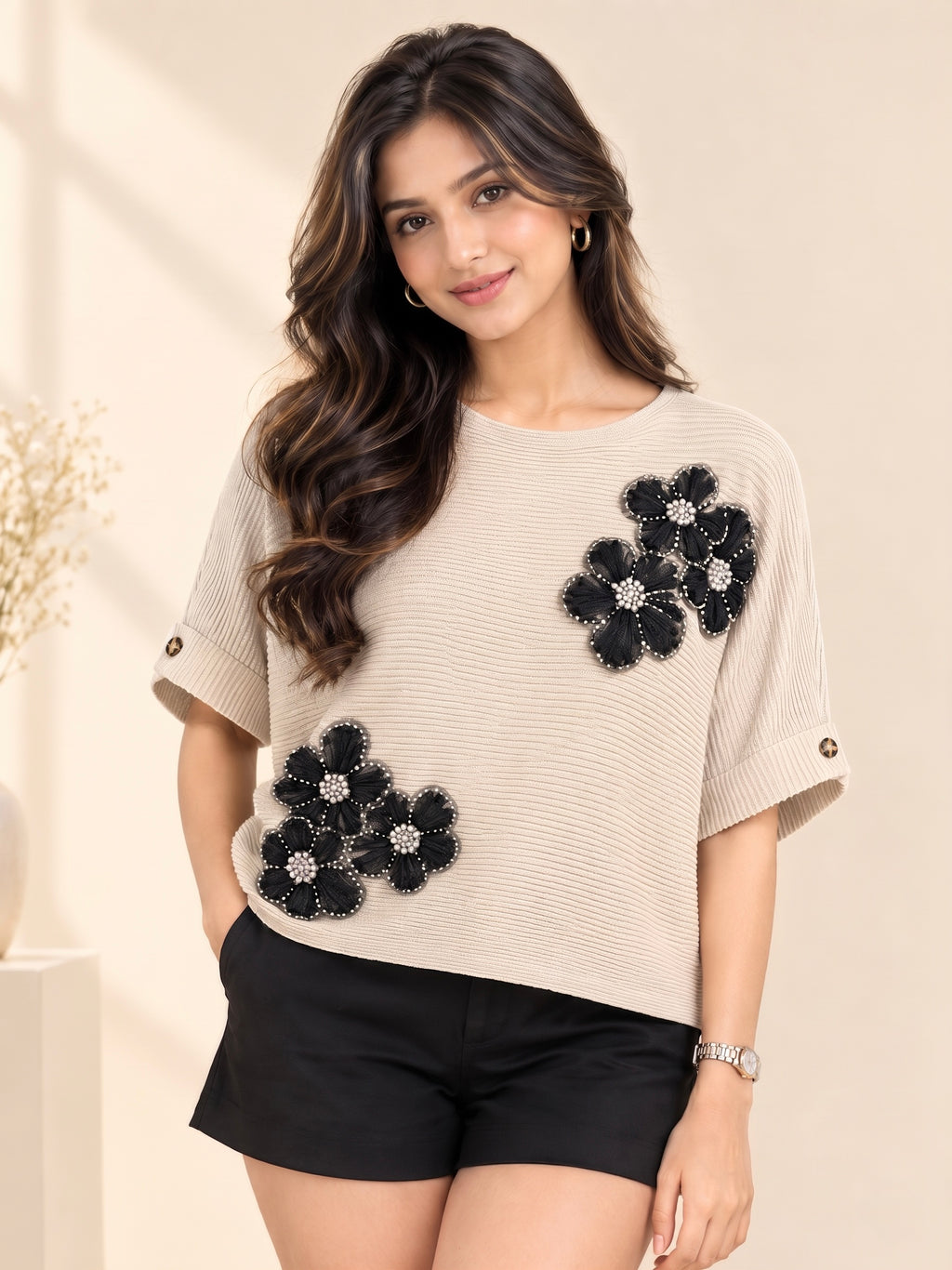 Imported Pearl Floral Applique Ribbed Knit Top