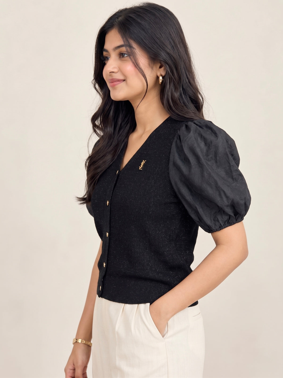 Ribbed Puff-Sleeve Cardigan Top