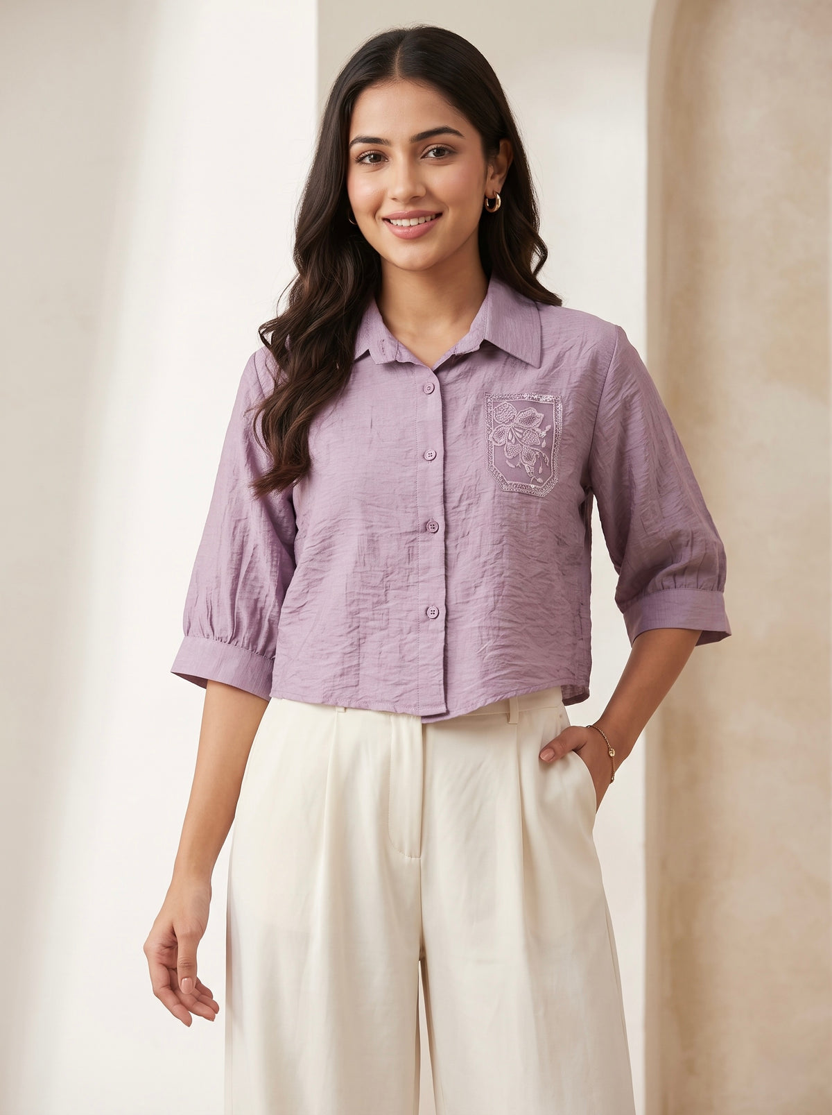 Imported Lavender Embroidered Crop Shirt