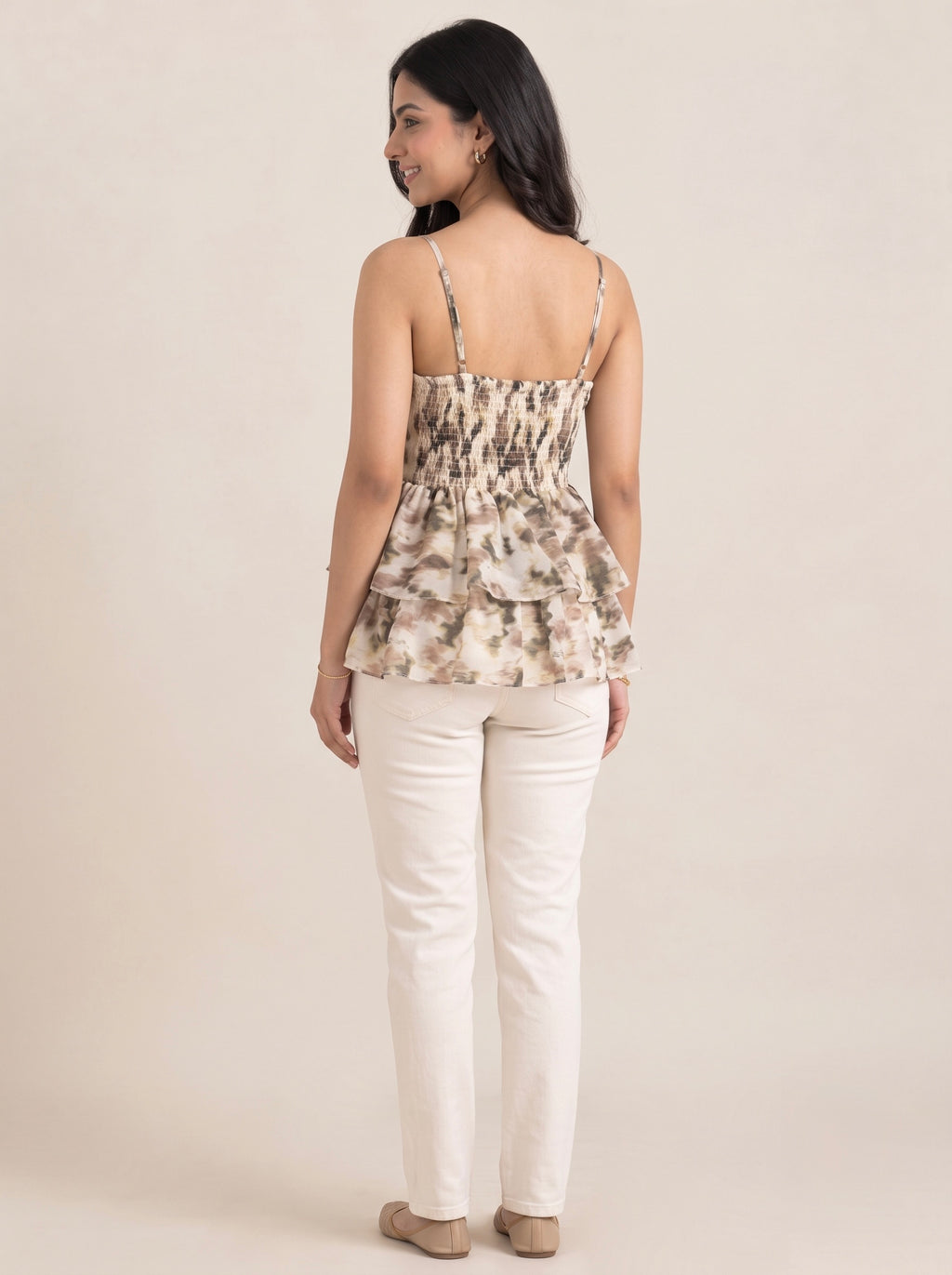 Brown Watercolor Printed Peplum Camisole