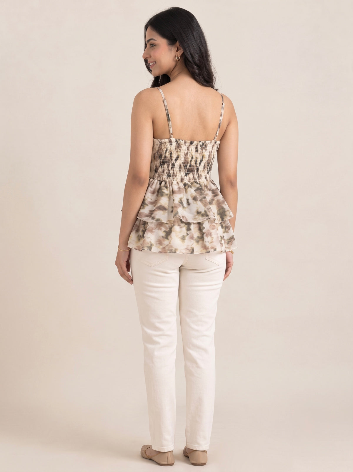 Brown Watercolor Printed Peplum Camisole