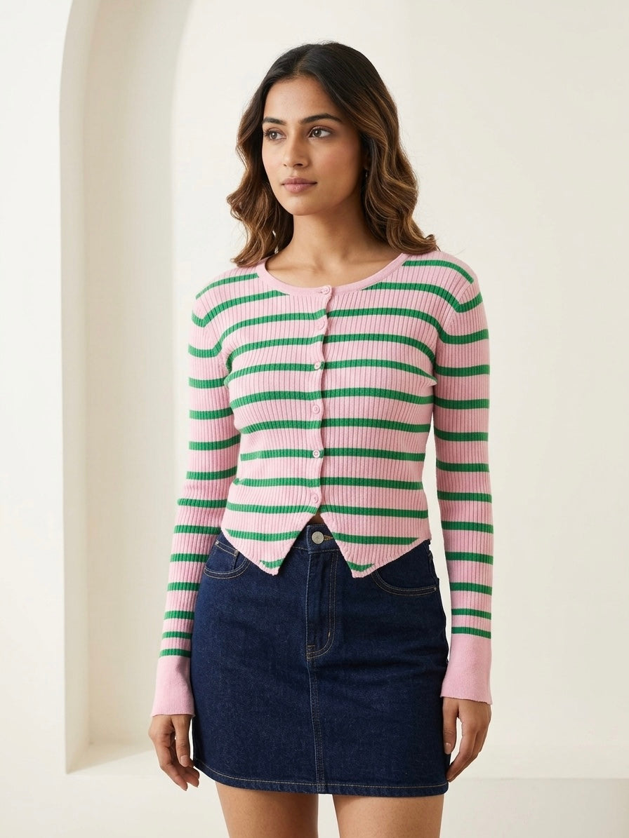 Pastel Striped Rib-Knit Crop Cardigan