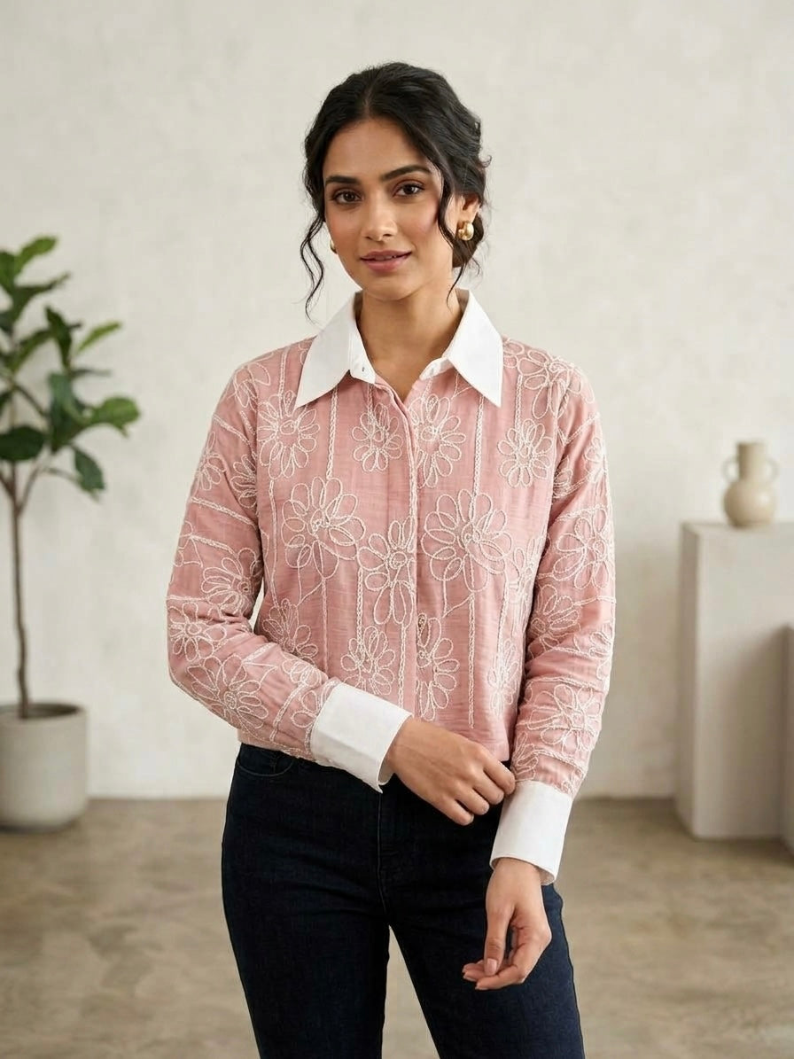 Imported Embroidered Contrast Collar Shirt