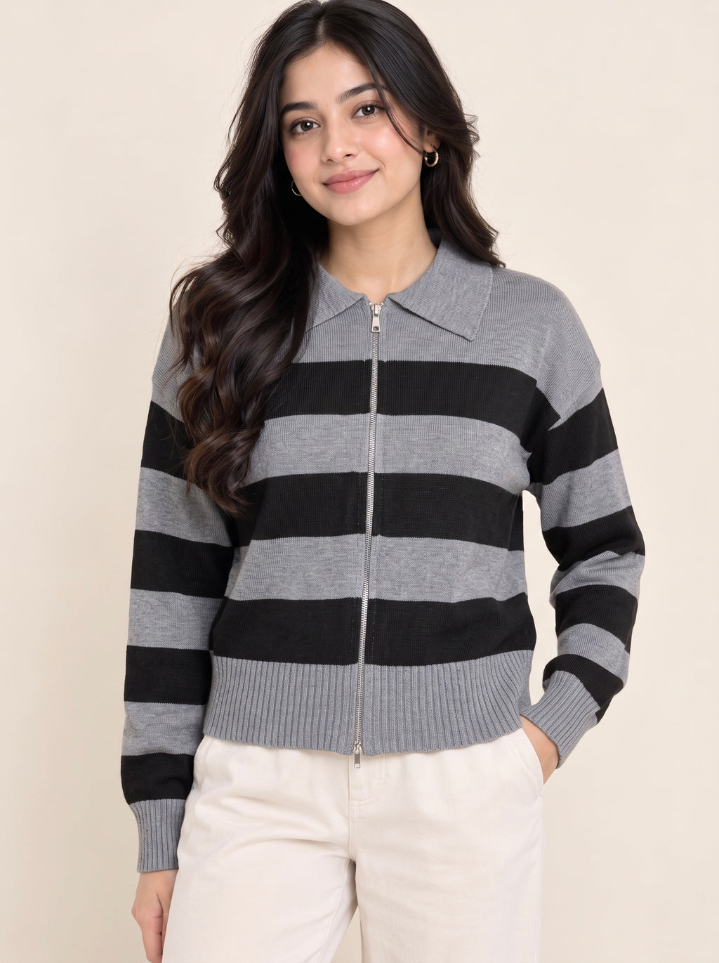 Imported Stripe Zip Knit Top