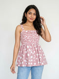 Dusty Rose Polka Dot Smocked Peplum Top