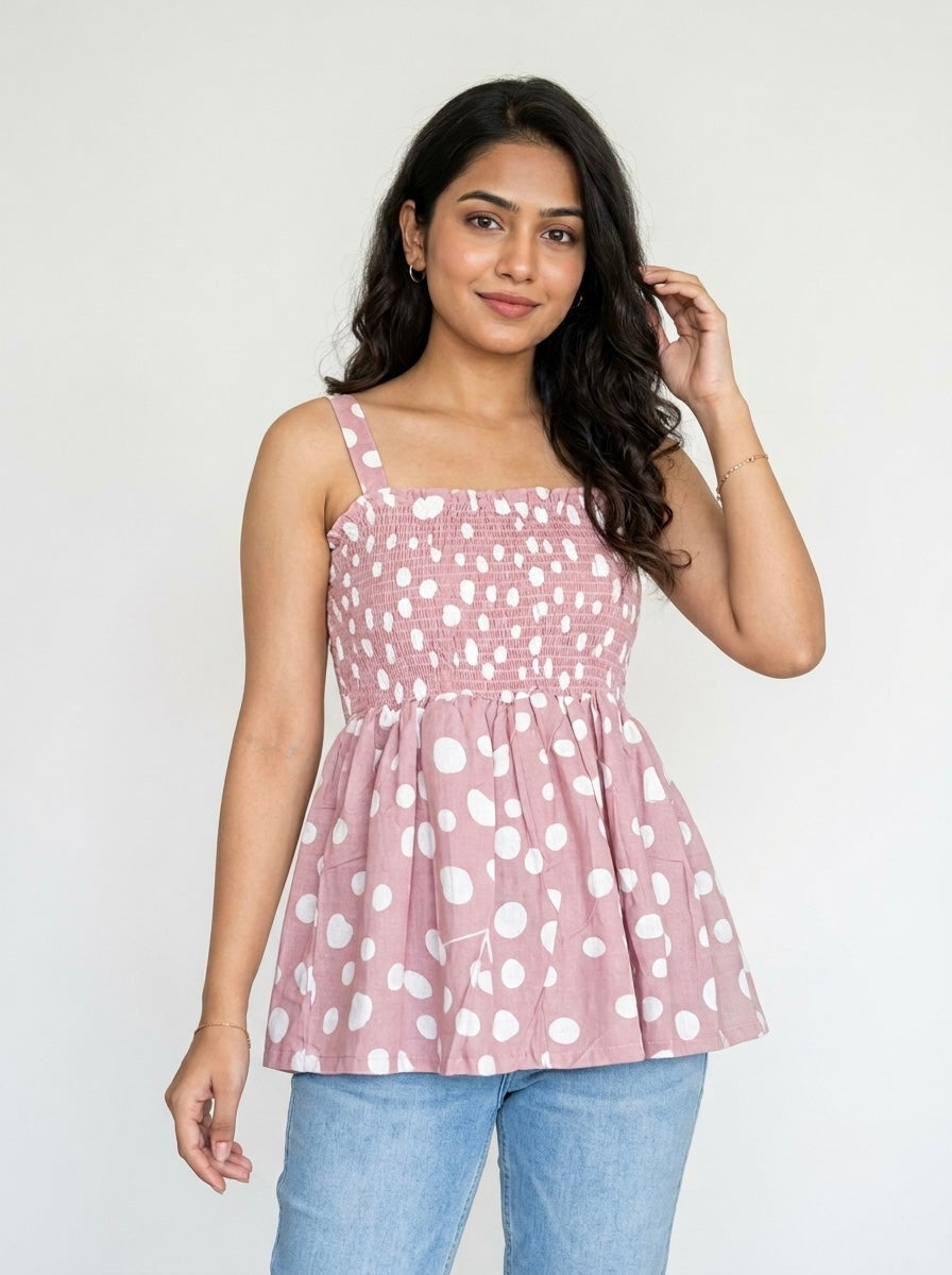 Dusty Rose Polka Dot Smocked Peplum Top