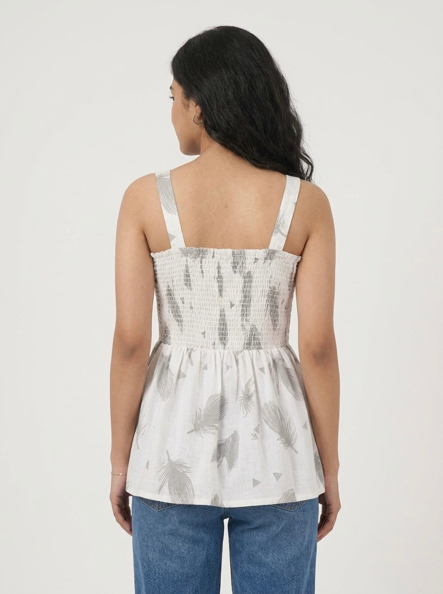 Feather Print Smocked Peplum Top