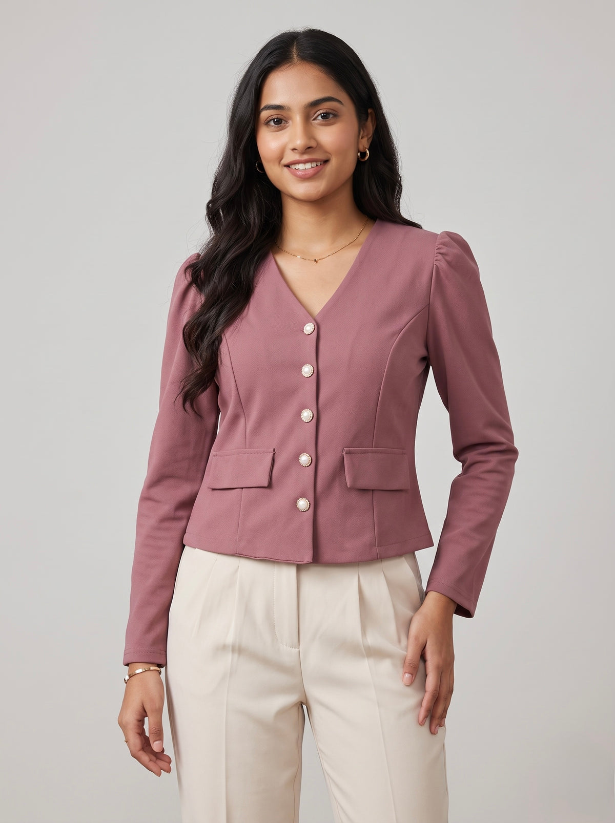 V-Neck Puff-Sleeve Blazer