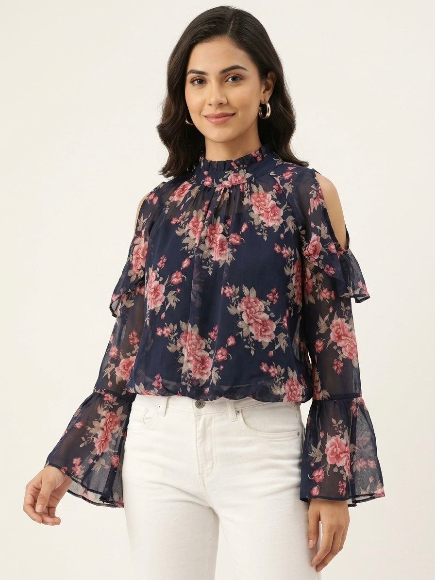Floral Cold-Shoulder Chiffon Top