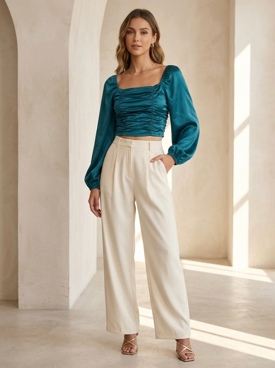 Teal Ruched Satin Crop Top