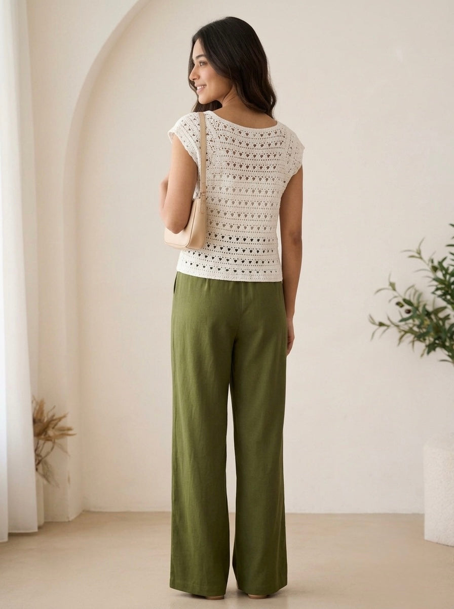 Off-White Textured Crochet Top with Pearl Buttons
