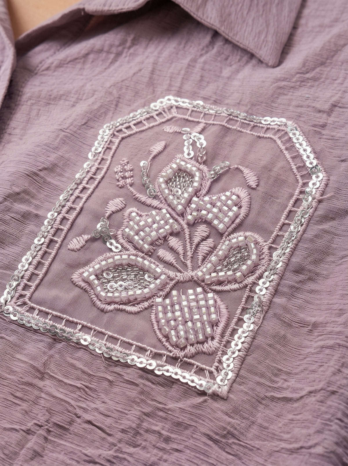 Imported Lavender Embroidered Crop Shirt