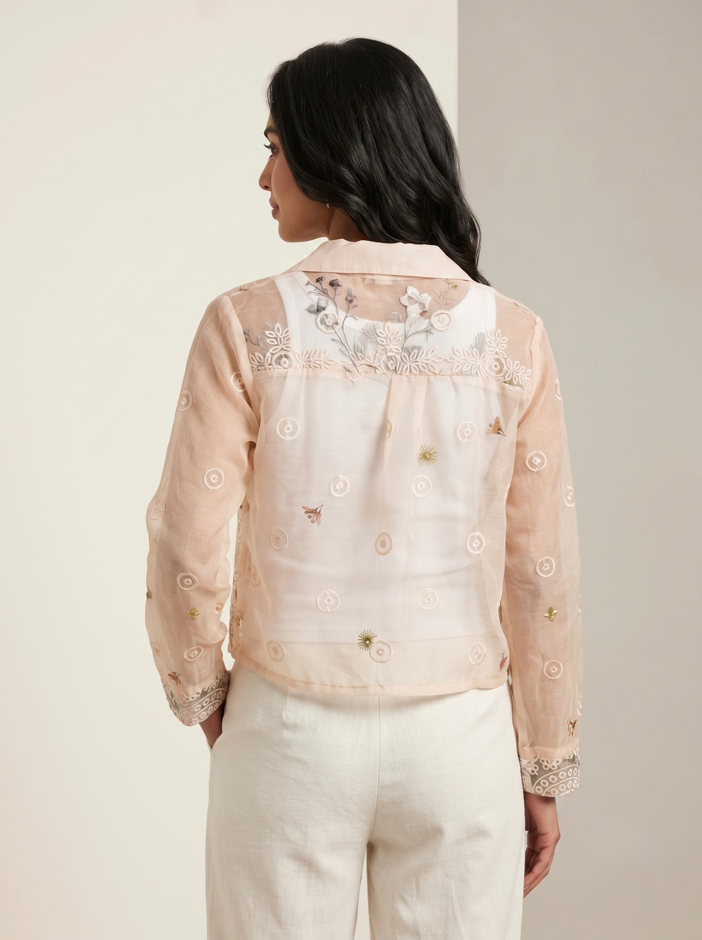 Imported 2 Pcs Embroidered Sheer Cropped Shirt