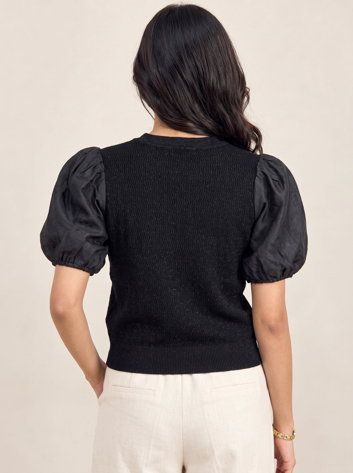 Ribbed Puff-Sleeve Cardigan Top