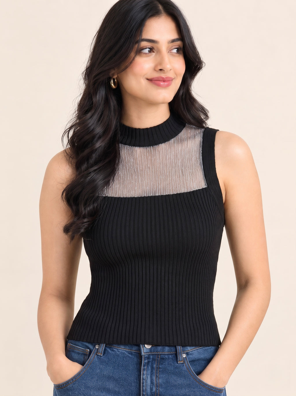 Imported Ribbed High-Neck Sheer Top