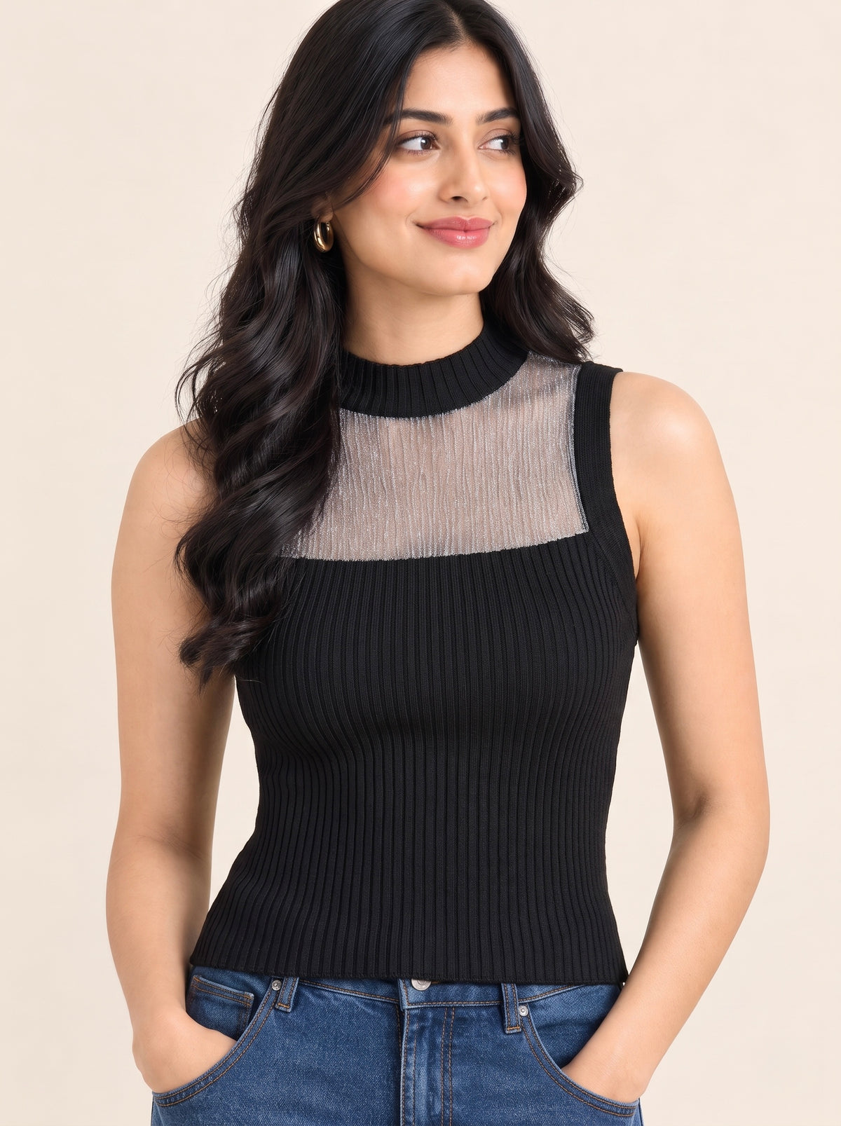 Imported Ribbed High-Neck Sheer Top