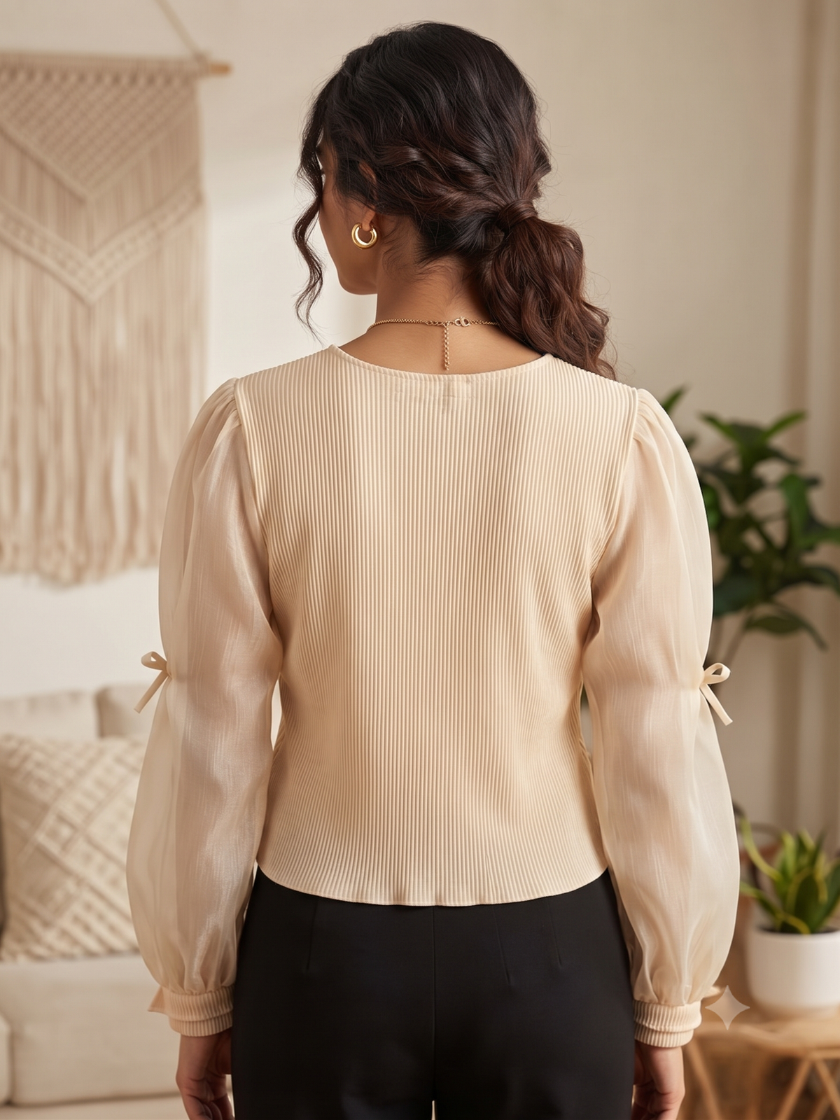 Sheer Sleeve Ribbed Top